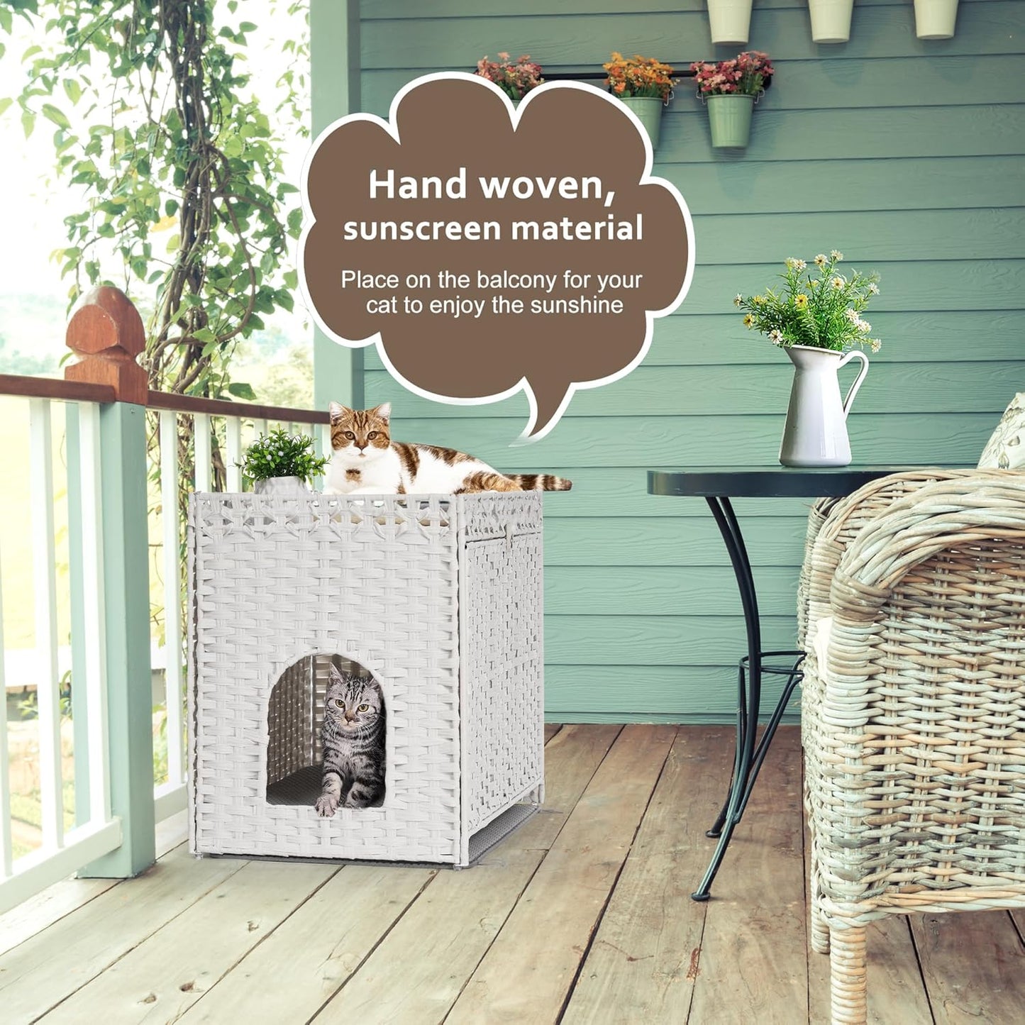 Cat Litter Box Enclosure with Soft Litter Mat; Hidden Cat Washroom Furniture with Door; Handwoven Rattan Cat House with Large Space; Pet Crate for Living Room, Bedroom, Balcony (White)