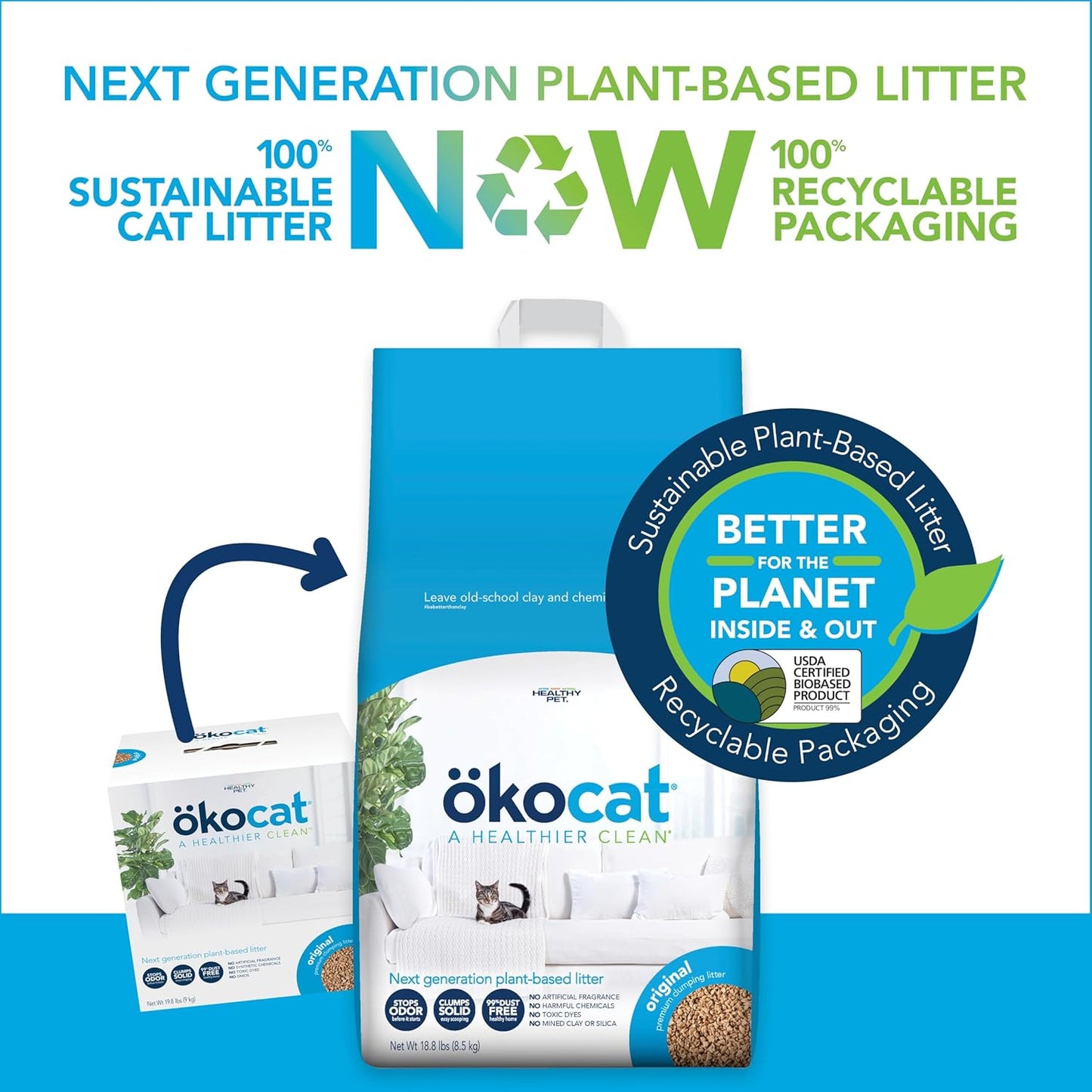 ökocat Original Wood Clumping Cat Litter, Unscented, 18.8 pounds - Natural Ingredients, Stops Odor, Clumps Solid, 99% Dust Free, Great for All Cats