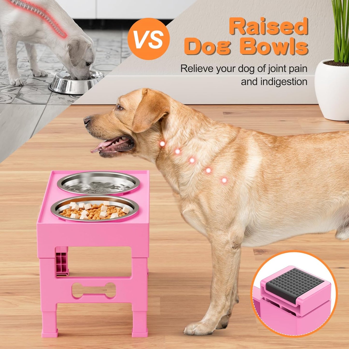 Elevated Dog Bowls with 2 Stainless Steel Bowls, Raised Dog Food Bowl Stand 5 Height Adjustable (3.1", 9", 10", 11", 12") Non-Slip Feeder Set for Medium and Large Dogs - Pink