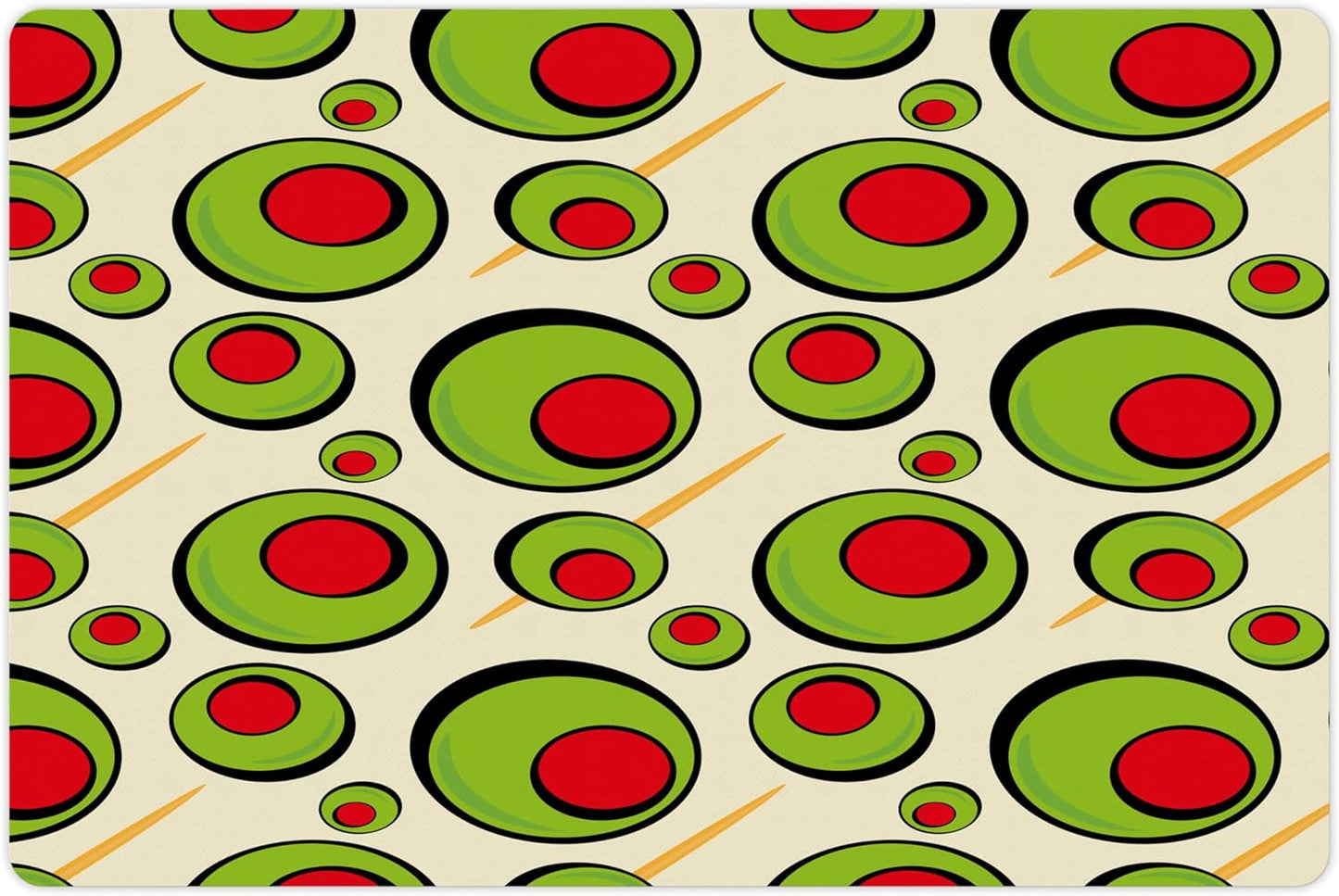 Lunarable Vintage Pet Mat for Food and Water, Repeated Pattern Olives with Toothpicks for Cocktail Martini, Non-Slip Rubber Mat for Dogs and Cats, 18" X 12", Cream Lime