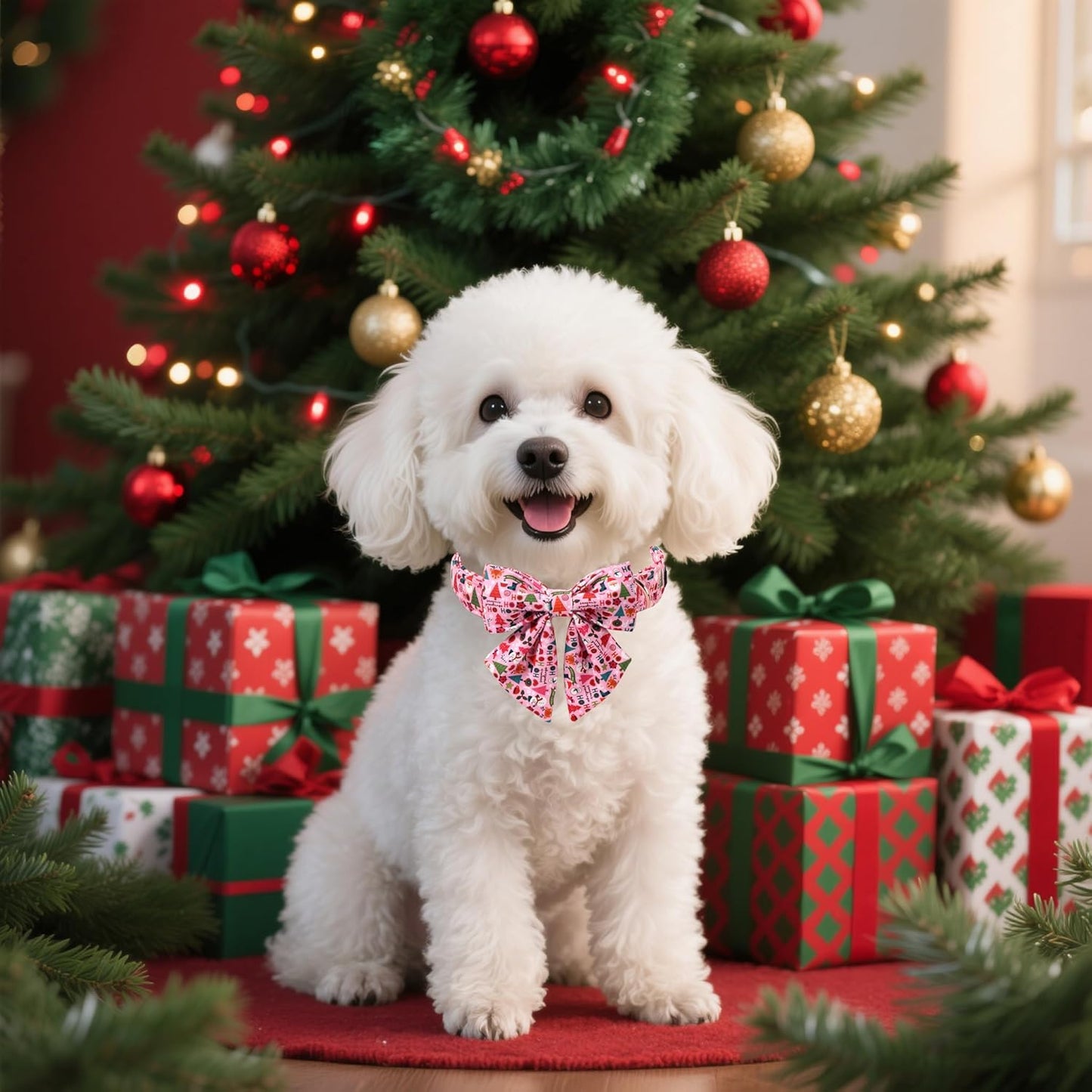 Lionet Paws Christmas Dog Collar with Sailor Bow, Cute Ho Christmas Tree Snowman Pink Dog Collar Bow Tie for X-Large Dogs, Neck 16-26 inches