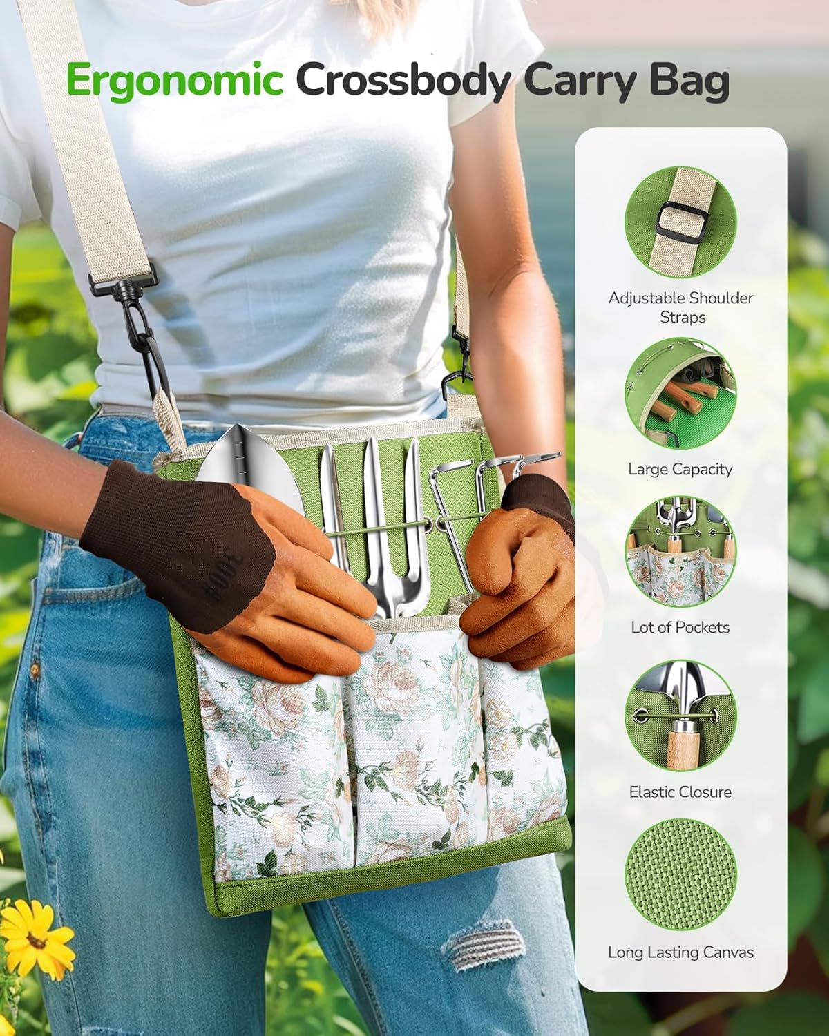 All-in-One Garden Tool Set, 11-Piece Heavy Duty Gardening Tools with Ergonomic Canvas Shoulder Crossbody Bag, Rust-Proof Premium Garden Tool Kit, Gardening Gift for Women Men, Green, GR003