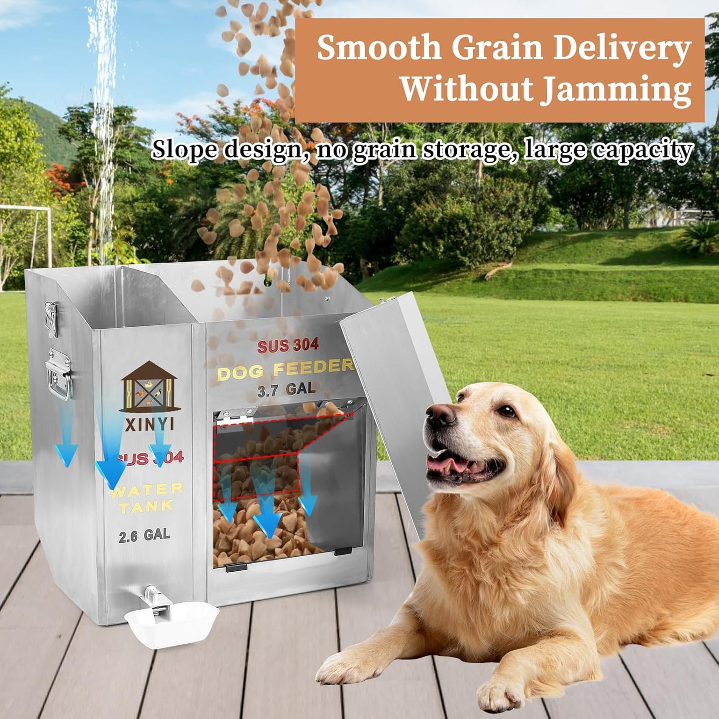 XINYI Automatic Dog Feeder and Waterer 2-in-1,SU304 Stainless Steels 2.6 Gallon Water Tank with 1 Aluminum Alloy Water Cup, 3.7 Gallon Dog Food Dispenser,Automatic Feeder for Pets, Breed, Cat