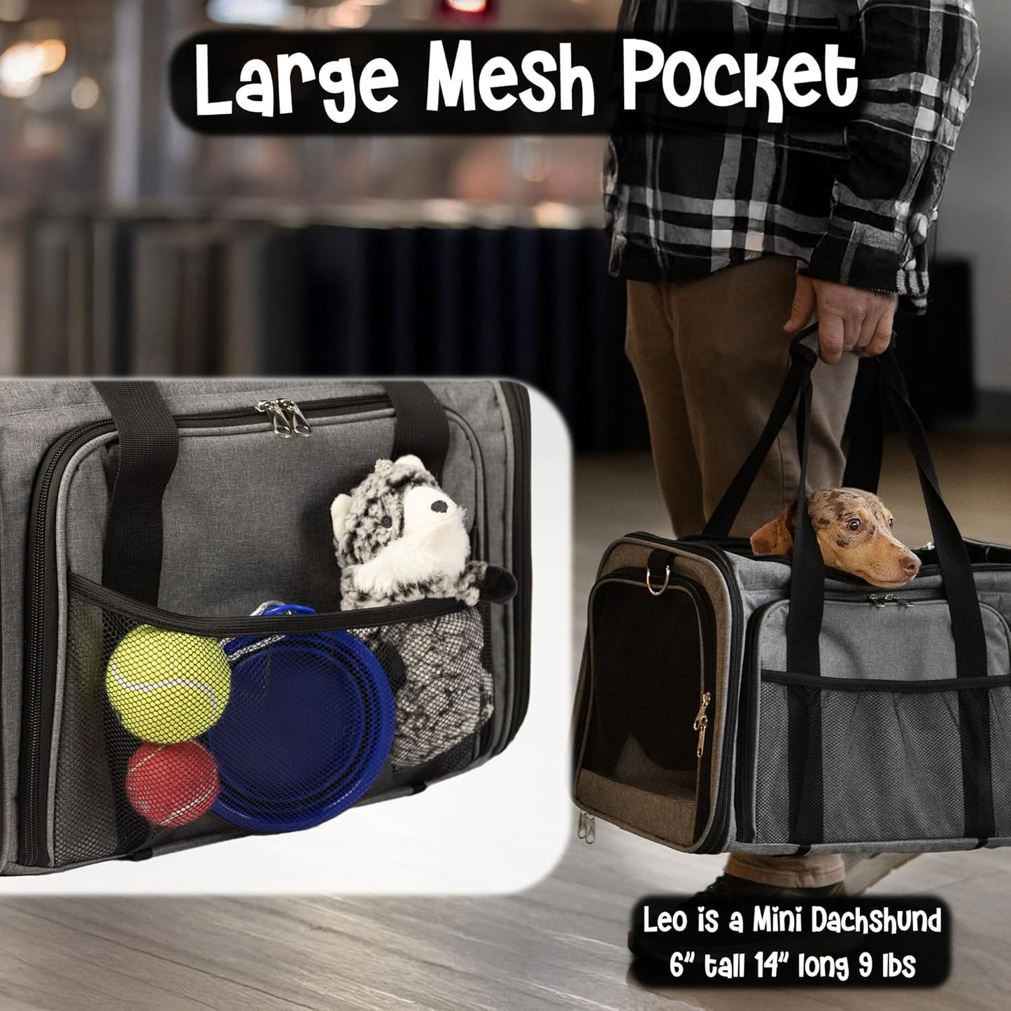 Pet Carrier with Wheels | United Delta American Frontier Airline Approved | Two Expandable Sides, Storage Pockets Adjustable Leash | Rolling Dog and Cat Carrier TSA Compliant (Grey)