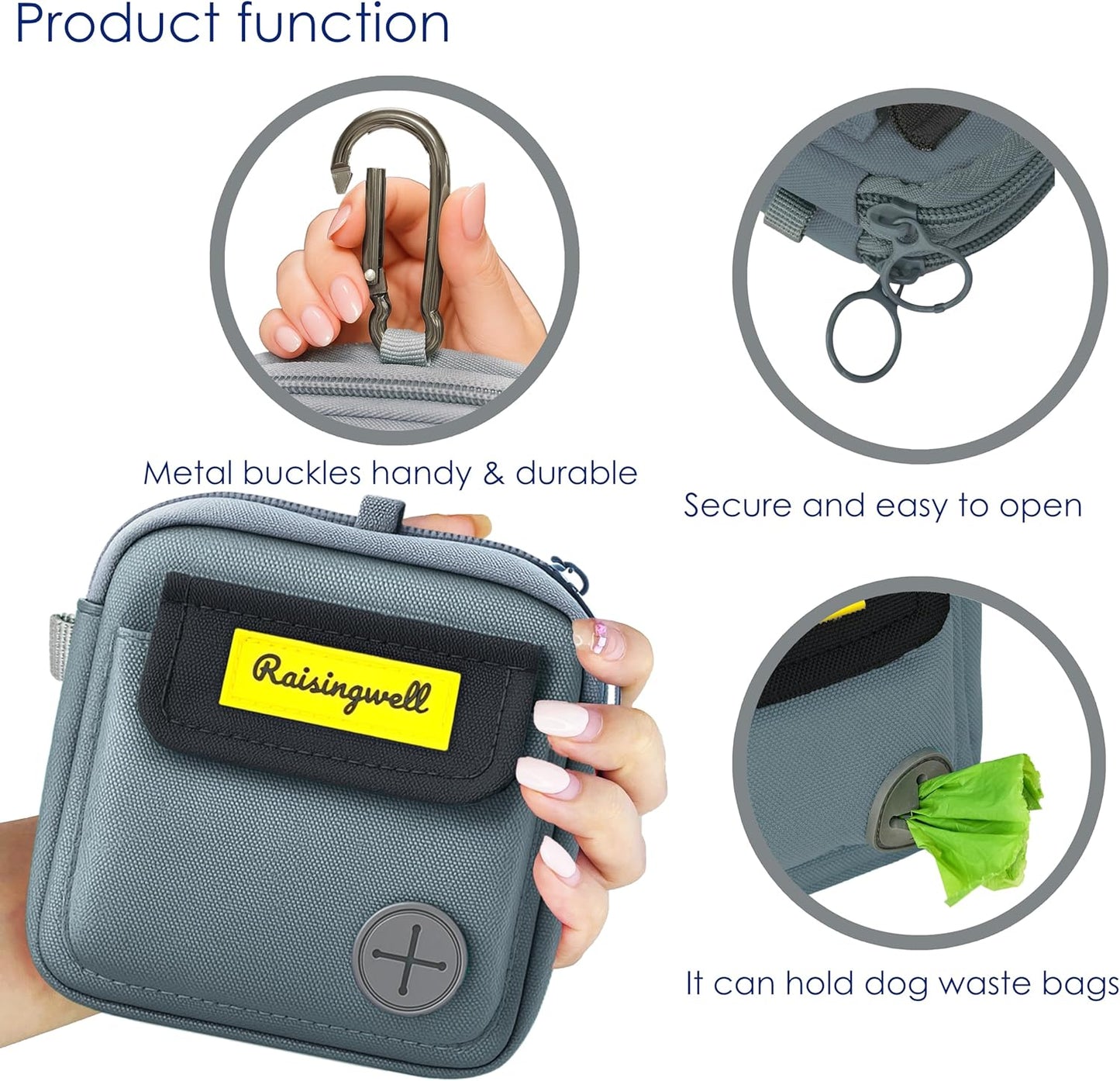 Dog Treat Pouch for Pet Walking and Training with Clicker Poop Bags and Three Bags Design Small Fanny Zipper Pack Holder for Puppy Snack Dispenser Kit for Leash and Outdoor Use (Gray)
