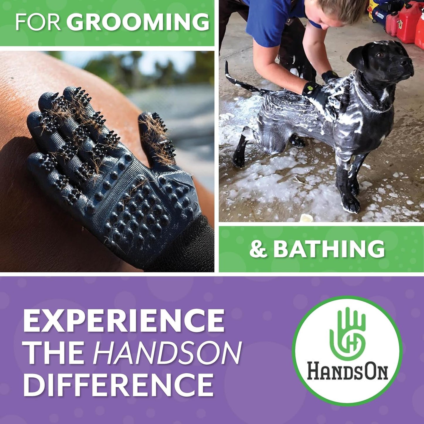 H HandsOn Pet Grooming Gloves - Patented #1 Ranked, Award Winning Shedding, Bathing, & Hair Remover Gloves - Gentle Brush for Cats, Dogs, and Horses (Green, Junior)
