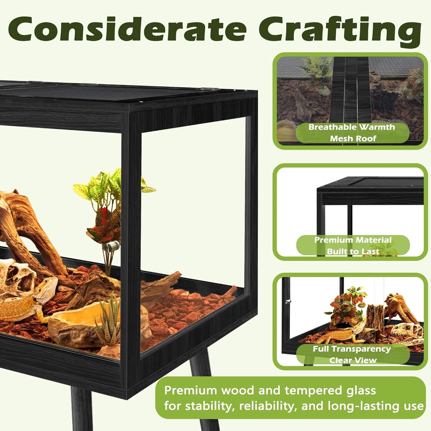 PROLEE Bearded Dragon Tank with Leg,Tempered Glass Lizard Tanks and Reptile Enclosure,Up to 78 Gallon Reptile Tank with Metal Mesh and Lockable Door for Snakes,Chameleon (Black, 78Gallons,48inch)