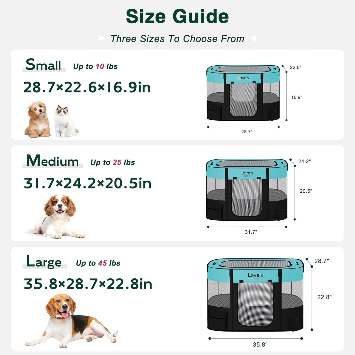Love's Cabin Medium Dog Tent Crate, Portable Foldable Pop Up Dog Kennel Playpen with Carrying Case (Green)