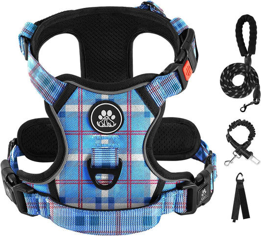 IVY&LANE No Pull Dog Harness with Leash Set, Reflective No Choke Pet Vest,Adjustable Oxford Dog Vest Harness with Easy Control Handle for Medium Lagre Dogs (Checkered Blue,M)