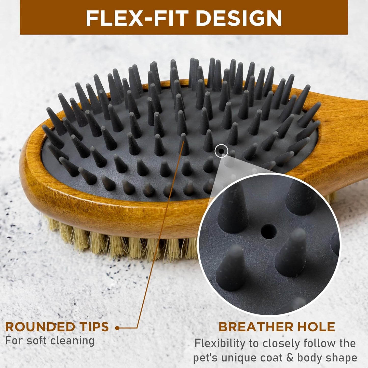 TAKAVU Short Hair Dog & Cat Deshedding Brush - Double Sided Grooming Tool with Silicone Massage & Bristle Sides - Removes Loose Fur & Dirt - Wood Handle