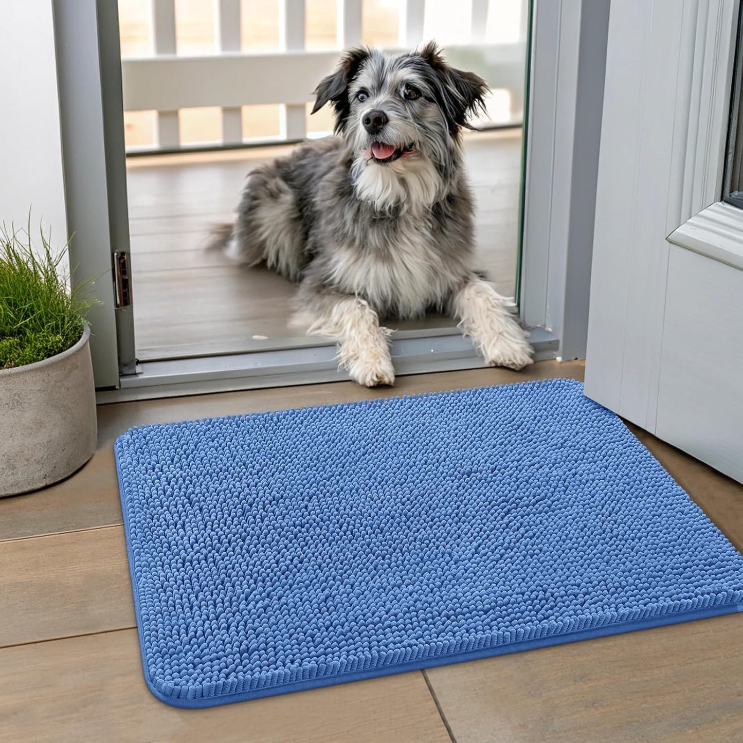 Smiry Dog Door Mat for Muddy Paws 24x16, Absorbs Moisture and Dirt Doormat, Non-Slip Washable Quick Dry Chenille Front Door Mat Indoor Entrance, Entryway Carpet for Inside Floor, Cornflower Blue