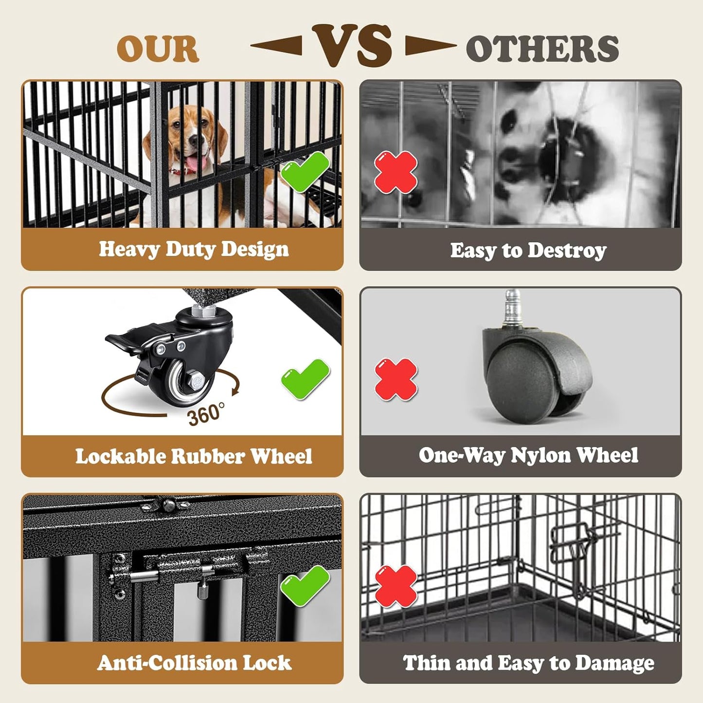 Dog Crate with Removable Tray, 37/42/46 Inch Indestructible and Escape Proof Steel Dog Cage Kennel for High Anxiety Dogs, Heavy Duty Dog Crate with Wheels, Double Door, Extra Large XL XXL