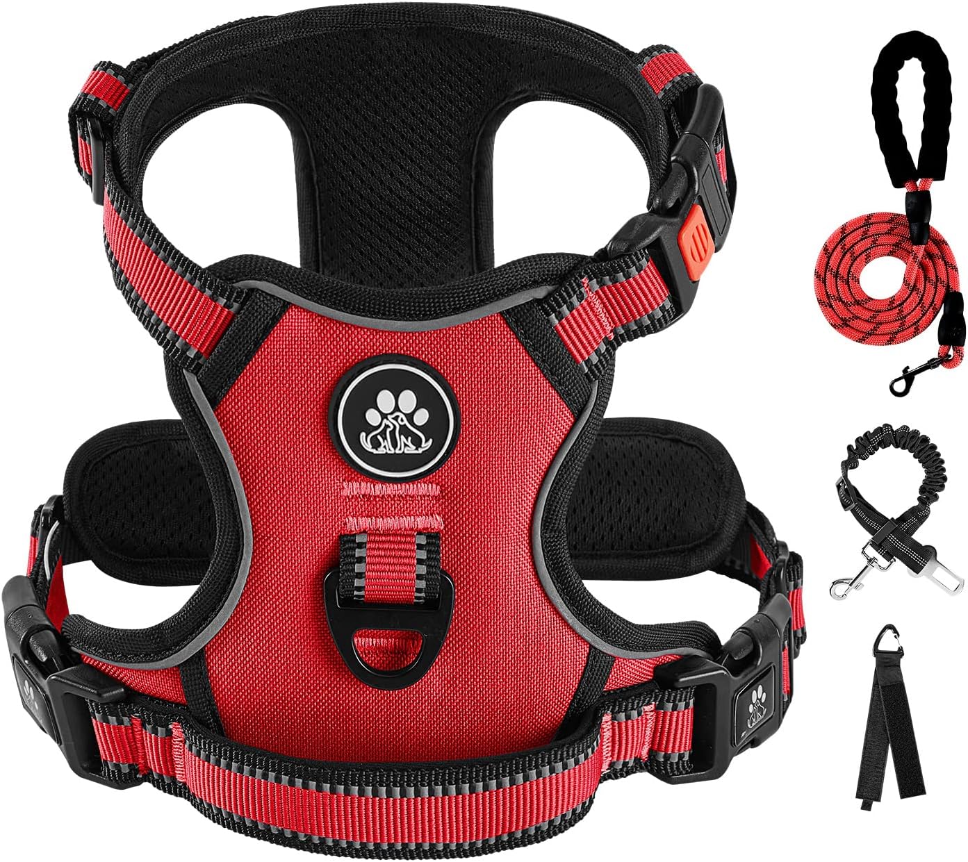 IVY&LANE No Pull Dog Harness for Medium Dogs, Dog Vest Harness with Leash, Safety Belt and Storage Strap, Fully Adjustable, 360 Reflective Strip, Soft Handle (Red, M)