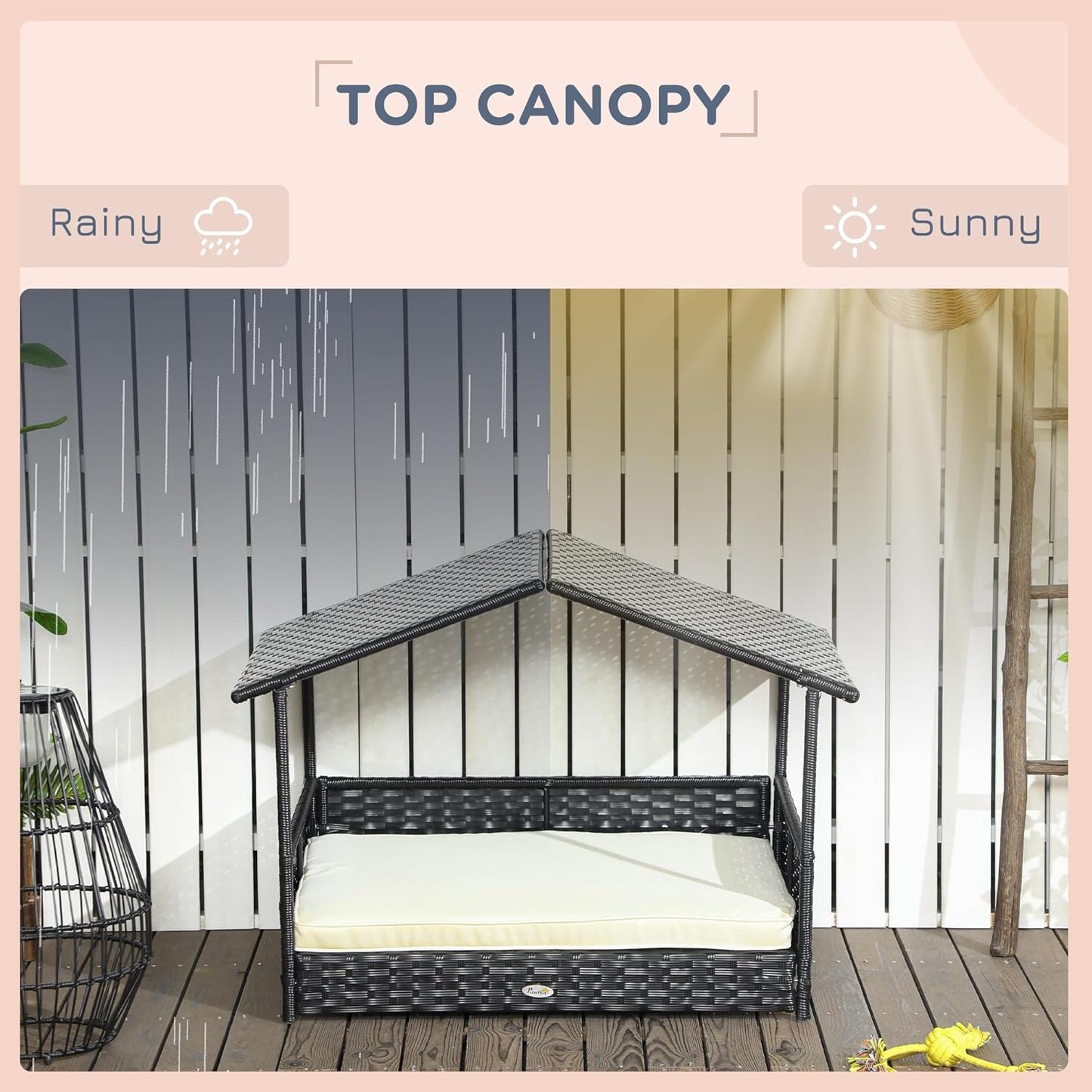 PawHut Wicker Dog House Outdoor with Canopy, Rattan Dog Bed with Water-Resistant Cushion, Raised Dog Bed for Small, Medium Dogs up to 66 lbs, 19.75" in Length, Black Wicker, White Cushion