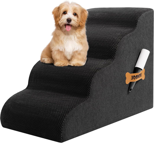 Dog Stairs, Romrol Dog Steps Ramp for High Bed and Couch, Dogs Ramp with Durable Non-Slip Waterproof Fabric Cover, Pet Stairs for Small Dogs and Cats or Pets Joints, 4-TiersBlack