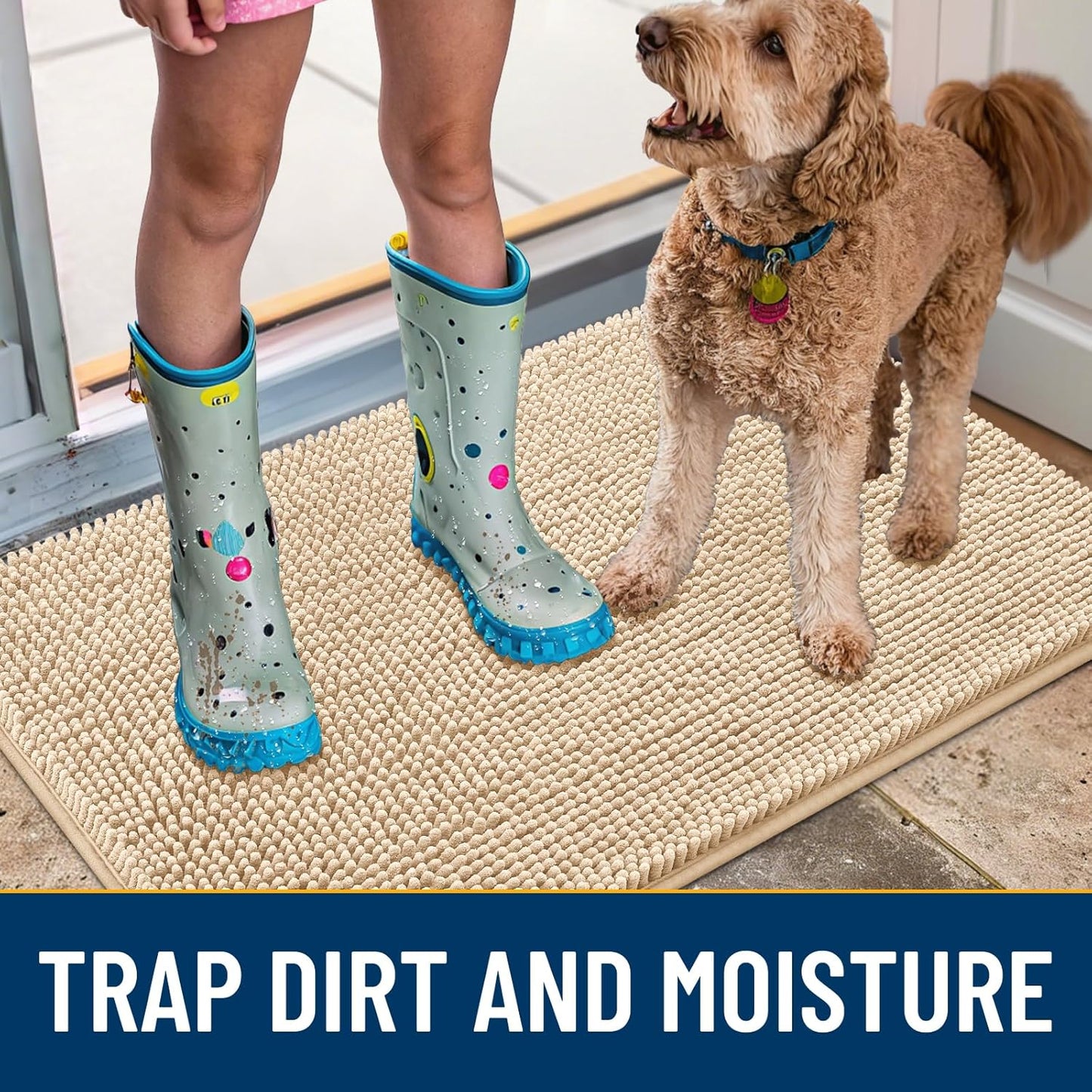 Smiry Dog Door Mat for Muddy Paws 70x32, Absorbs Moisture and Dirt Doormat, Non-Slip Washable Quick Dry Chenille Front Door Mat Indoor Entrance, Entryway Carpet for Inside Floor, Beige