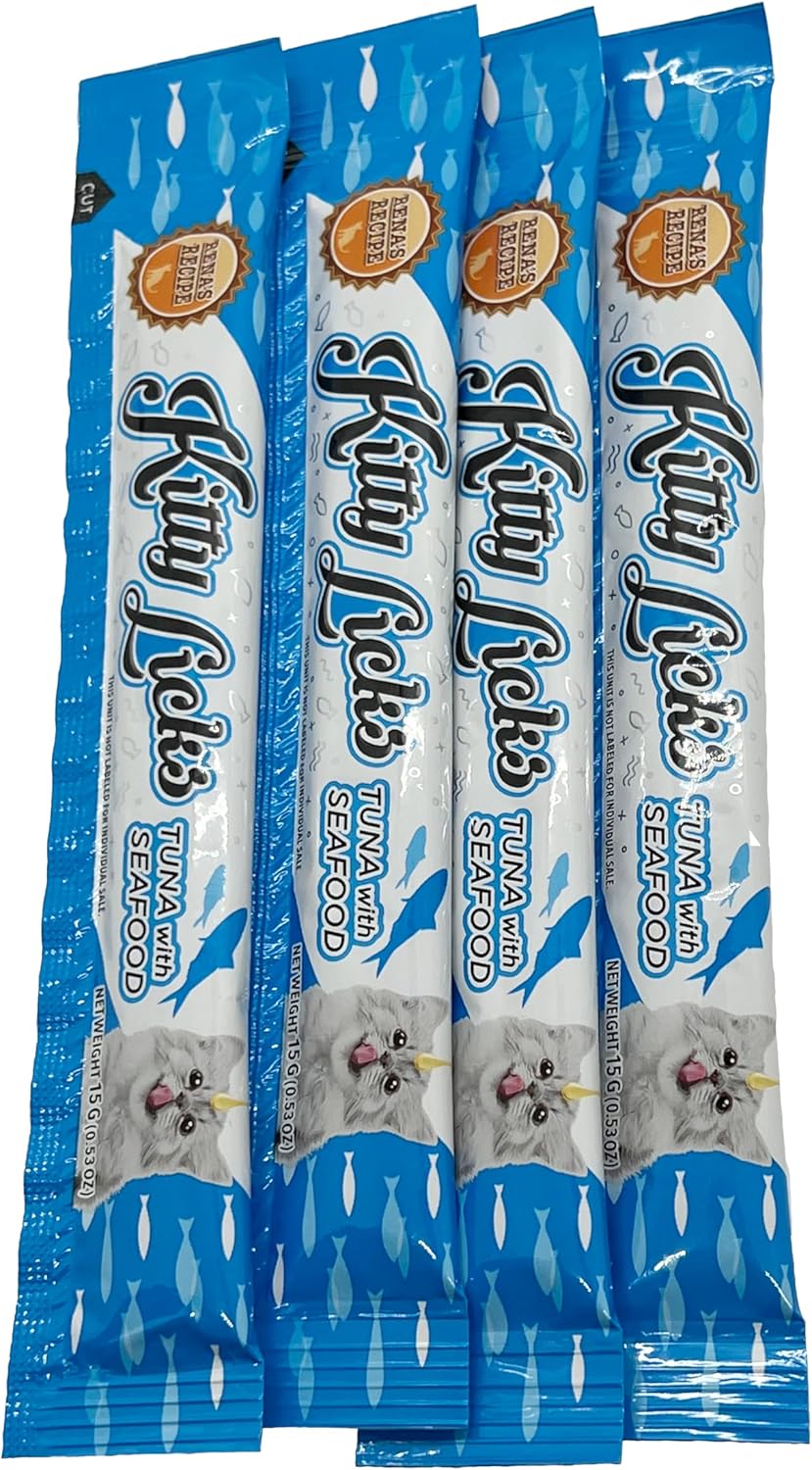 Rena's Recipe Kitty Licks Tuna Barrel (60 Tubes) 4 flavorsX 15 Tubes Cream Lickable Cat Treats 4 Different Flavors: Tuna with Seafood, Scallop, and Salmon