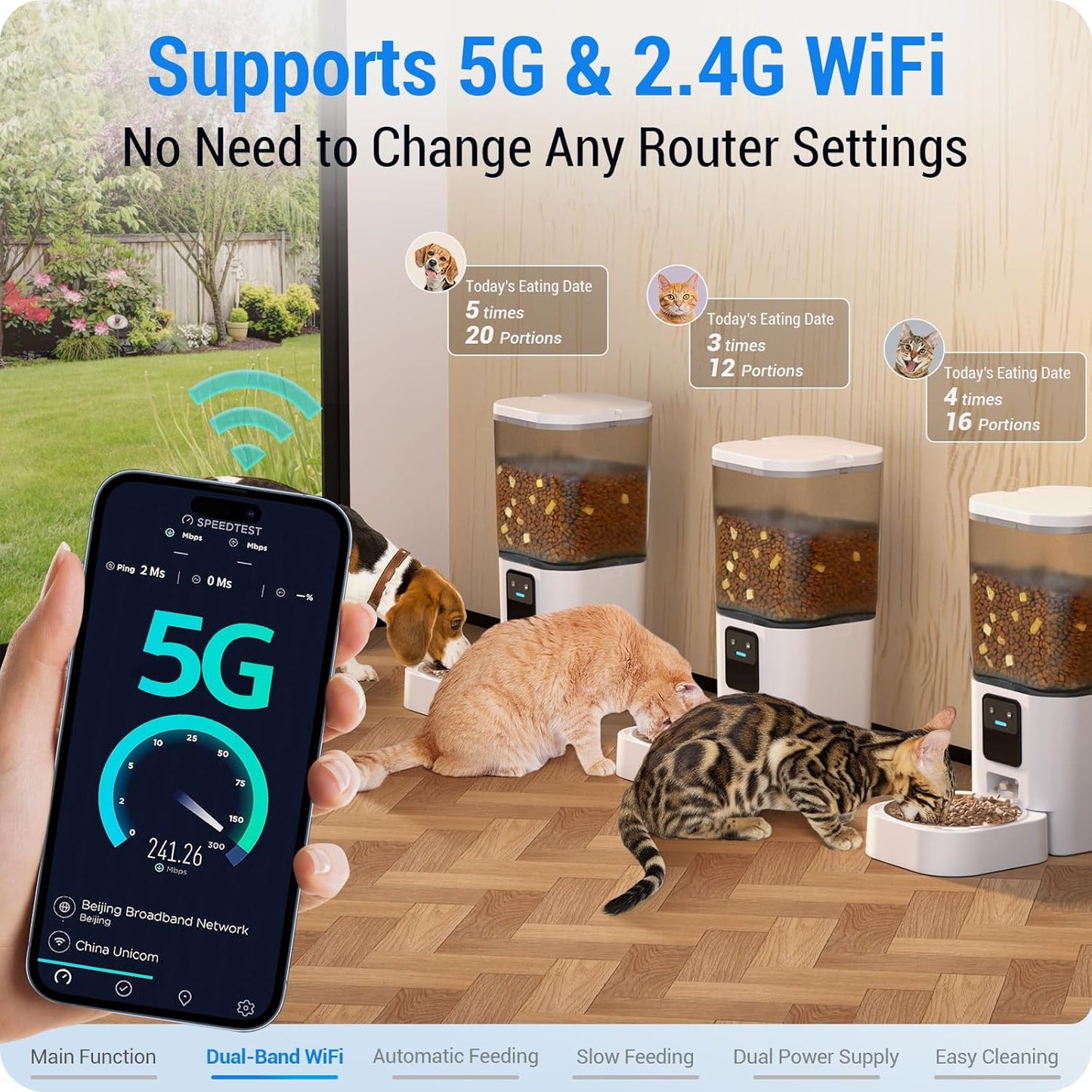 Automatic Cat Feeder with Slow Feed: 5G WiFi Automatic Dog Feeder with Smart APP Control, Auto Cat Food Dispenser with Alexa for Multiple Pets, Detachable for Easy Cleaning - 29 Cup（7L）
