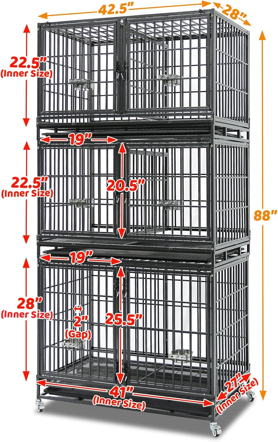 Homey Pet 43 Inch Stackable Heavy Duty Dog Crate Cage Kennel with Lockable Wheels, Removable Tray & Grid, Divider, Feeding Bowls, Escape Proof Drop Cage Bank for Small Medium Large Sized Dogs(3 Tiers)