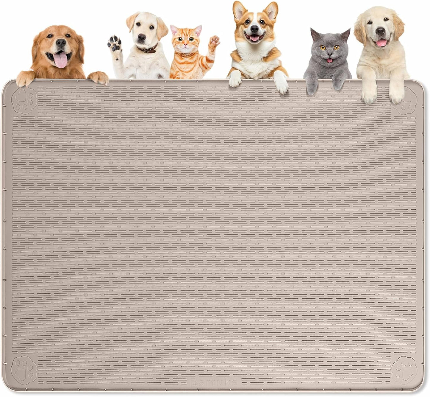 Dog Food Mat, Extra Large 50" x 35" Silicone Pet Feeding Mat with Raised Edge Pet Placemat for Small, Medium, and Large Pets Non-Slip, Easy to Clean (Khaki)