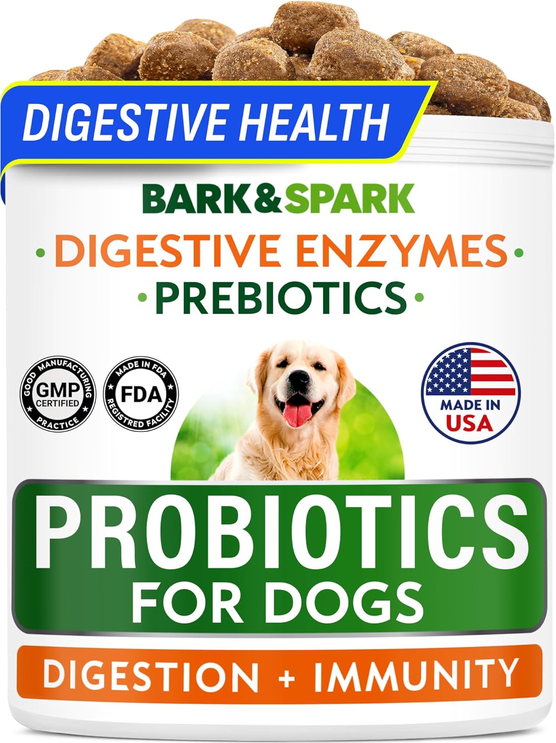 BARK&SPARK Dog Probiotics for Digestive Health w/Enzymes - Diarrhea Gas Treatment Upset Stomach Relief - Allergy & Itchy Skin - Pet Probiotics for Dogs - Digestion Supplement Treat (120Ct Chicken)