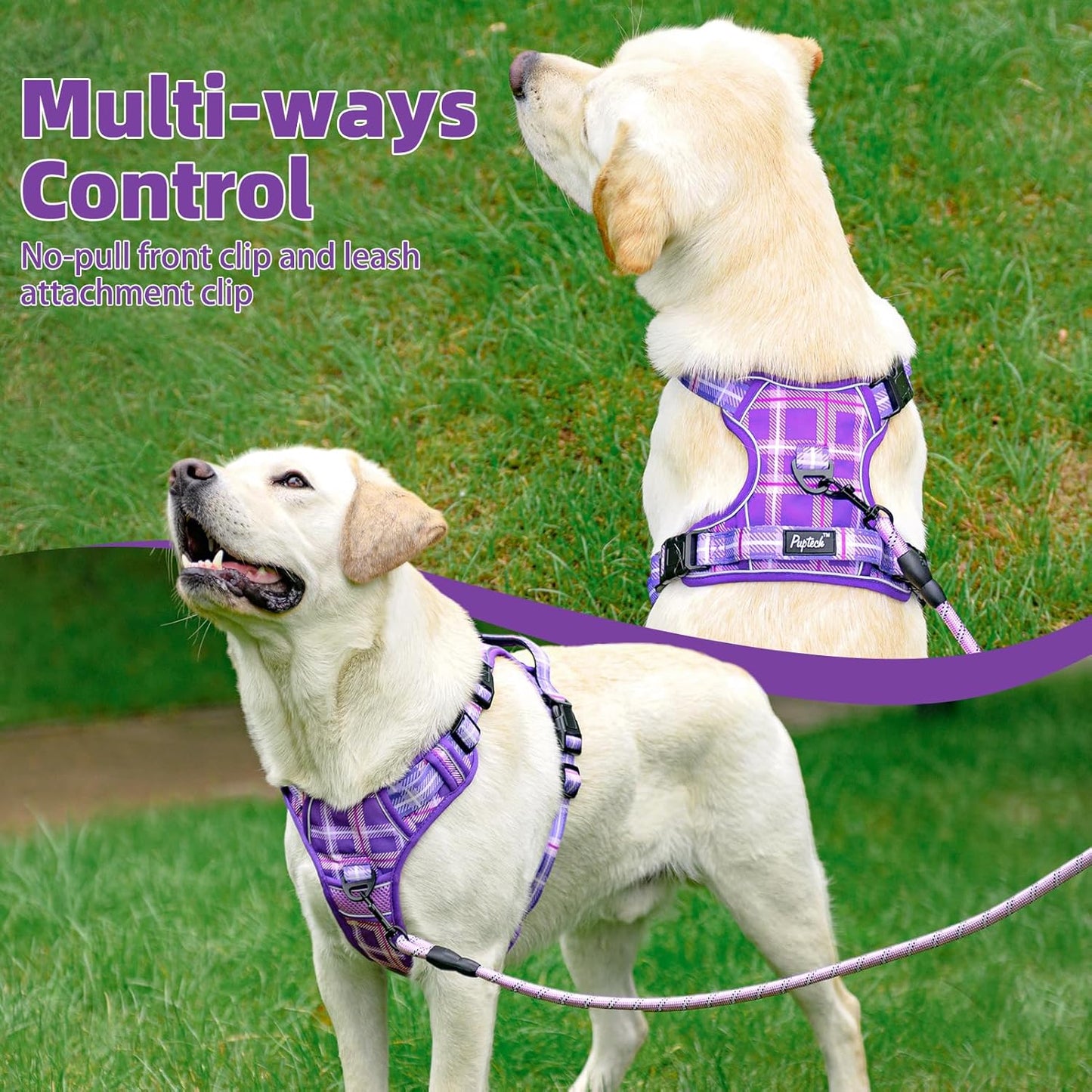 PUPTECK No Pull Dog Harness for Large, Adjustable Reflective Dog Harness with Handle Easy Control, Comfortable Soft Padded Pet Vest Harness for Large Dogs, Plaid Purple XL