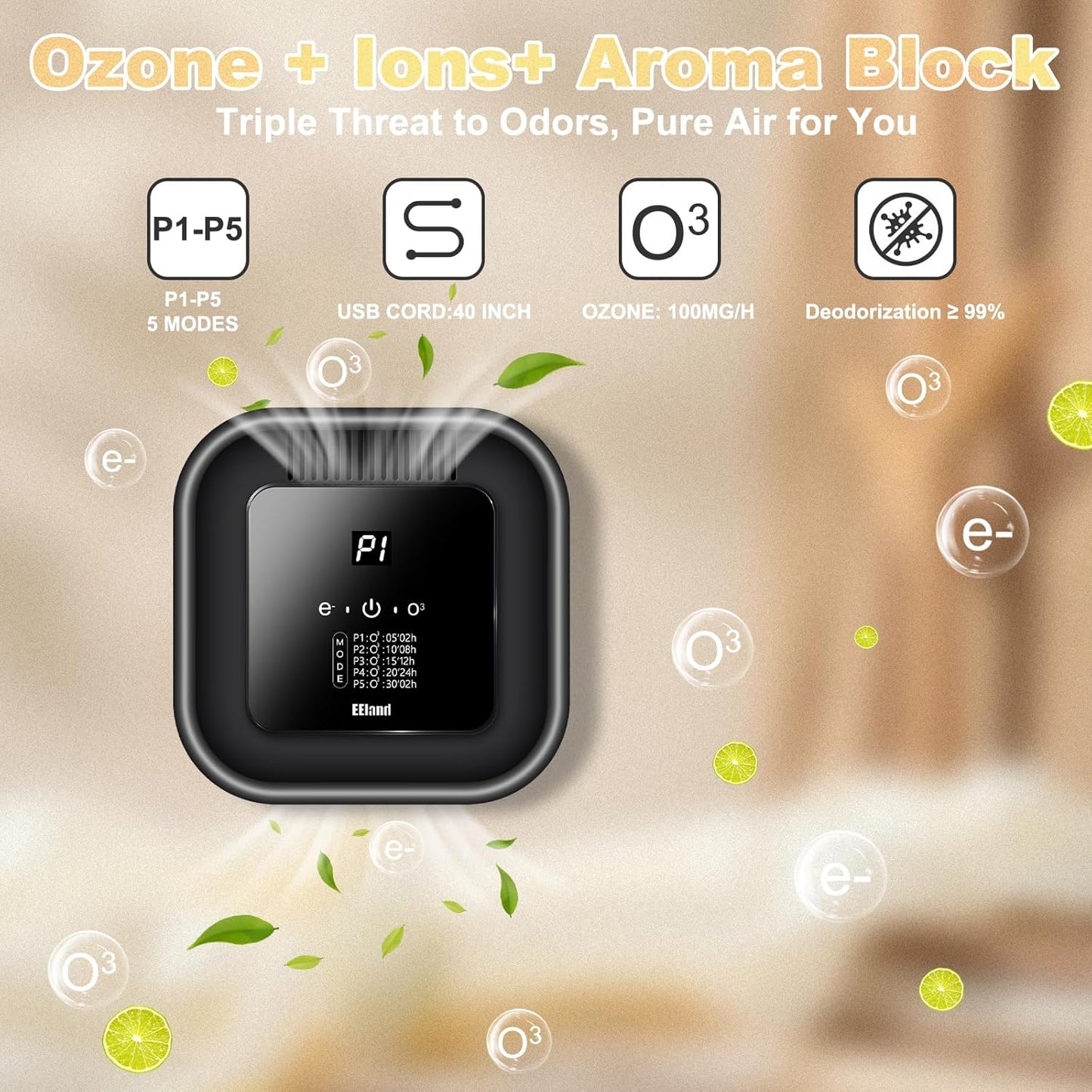 Cat Litter Deodorizer – 99% Odor Removal, Ozone Air Purifier for Pets, Strong Odor Eliminator for Litter Box, Toilet, Closet, Cabinet, Shoe, Garage, Small Room – Black