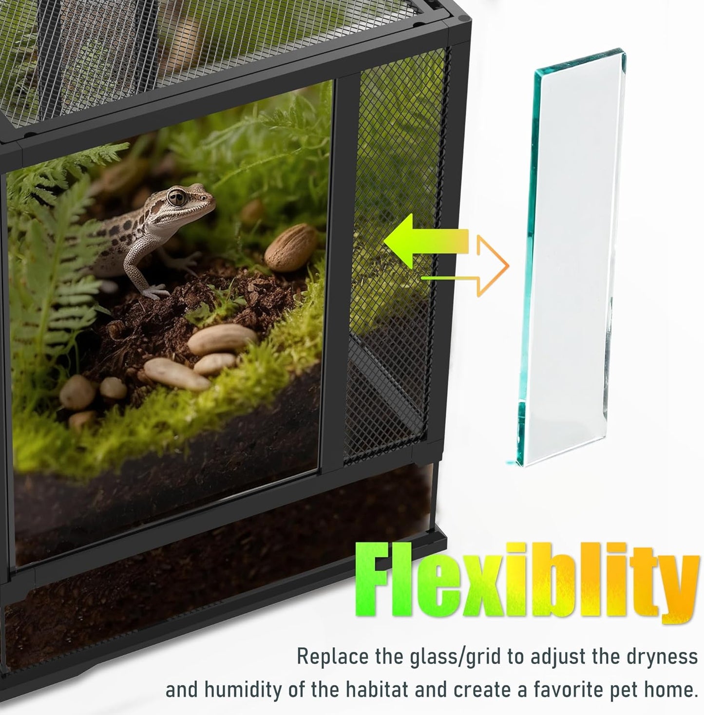 24’’18’’24’’ Reptile Terrarium with Full View Tempered Glass, 43 Gallon Reptile Habitat Comes with Feeding Port and Mesh Top Vent, Suitable for Most Reptiles Such as Chameleon, Lizard and Snake