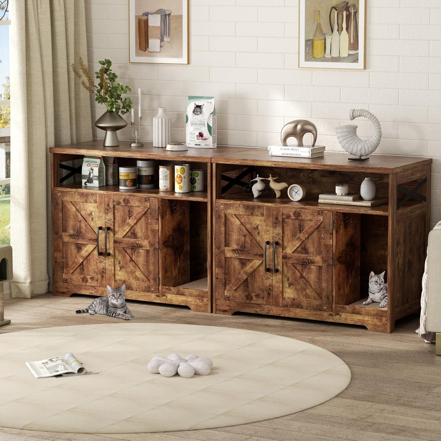 Cat Litter Box Enclosure, Hidden Litter Box Furniture with Scratch Pad, Farmhouse Indoor Cat House Washroom End Table, Rustic Brown