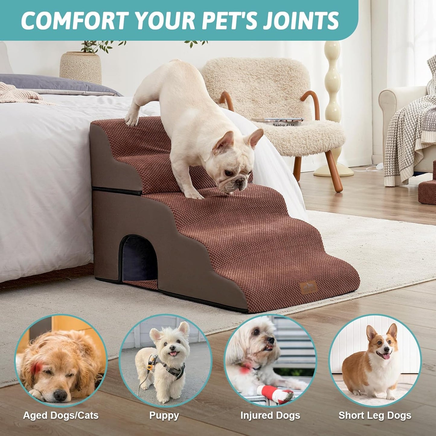 Wide Dog Stairs with Tunnel, Foam Detachable Large Dog Step for Small Pet, Puppy or Cats, Medium Pet Ramp for High Bed, Couch, Sofa or Car, 19.7x33x22.4 inch, 5 Step, Brown