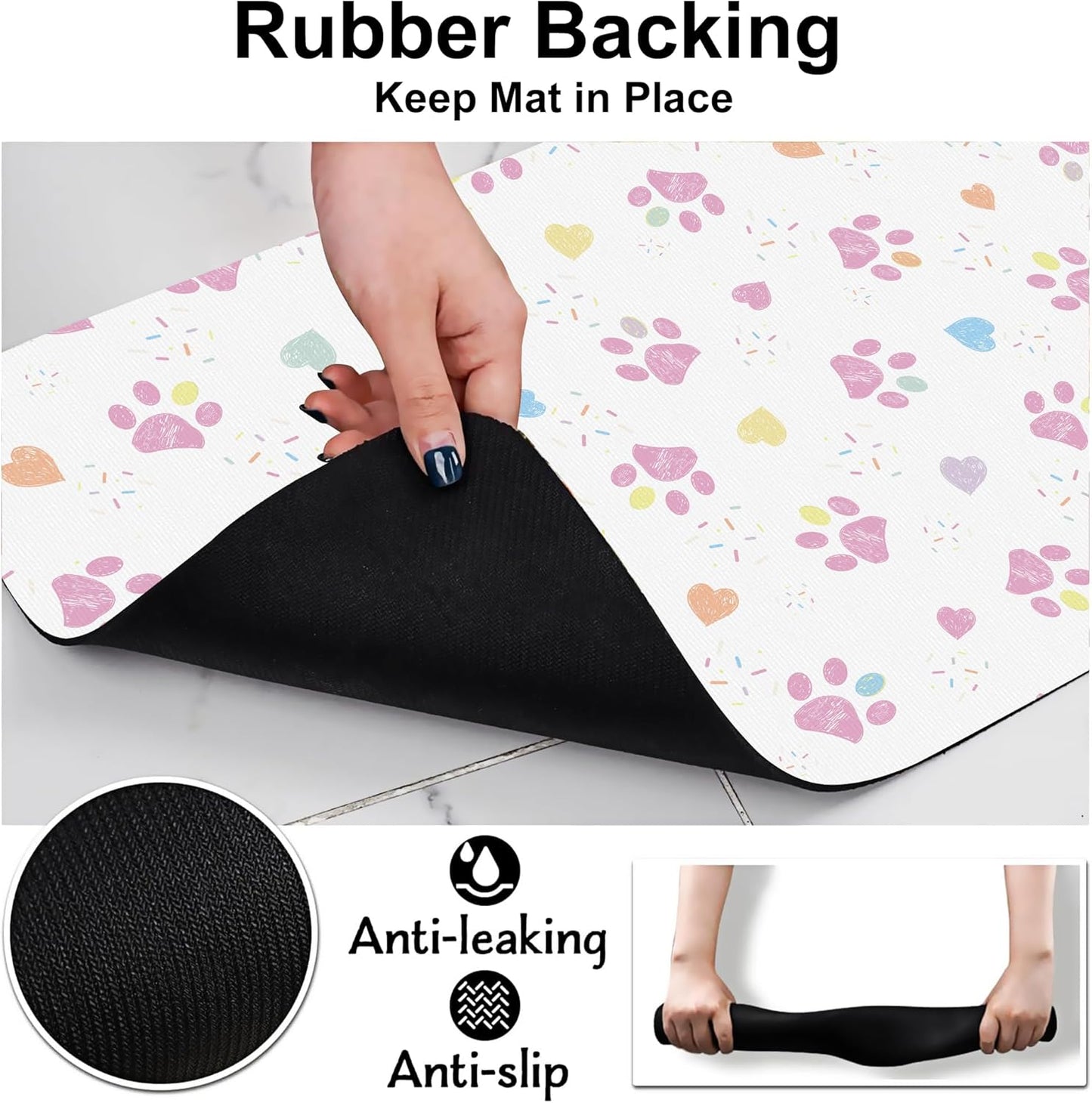 Pink Dog Paw Pet Feeding Mat for Floors-Absorbent Dog Bowl Mat for Food and Water, Quick Dry Pet Cat Feeding Mats with Non Slip Bottom, Mess-Free Dog Accessories 16"x24"