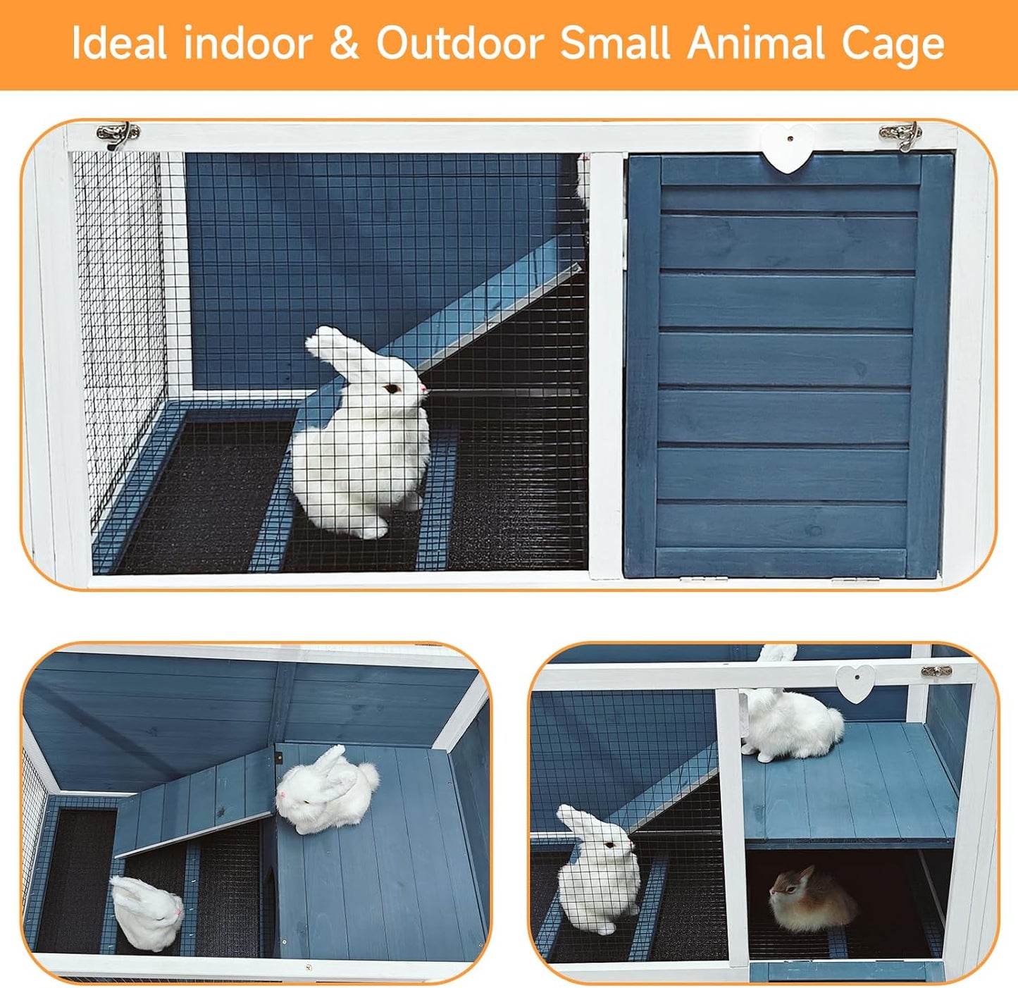 Two Floors Wooden Indoor Bunny Hutch Rabbit Cage on Wheels Guinea Pig PET House for Small to Medium Animals Waterproof No Leak Tray (M)