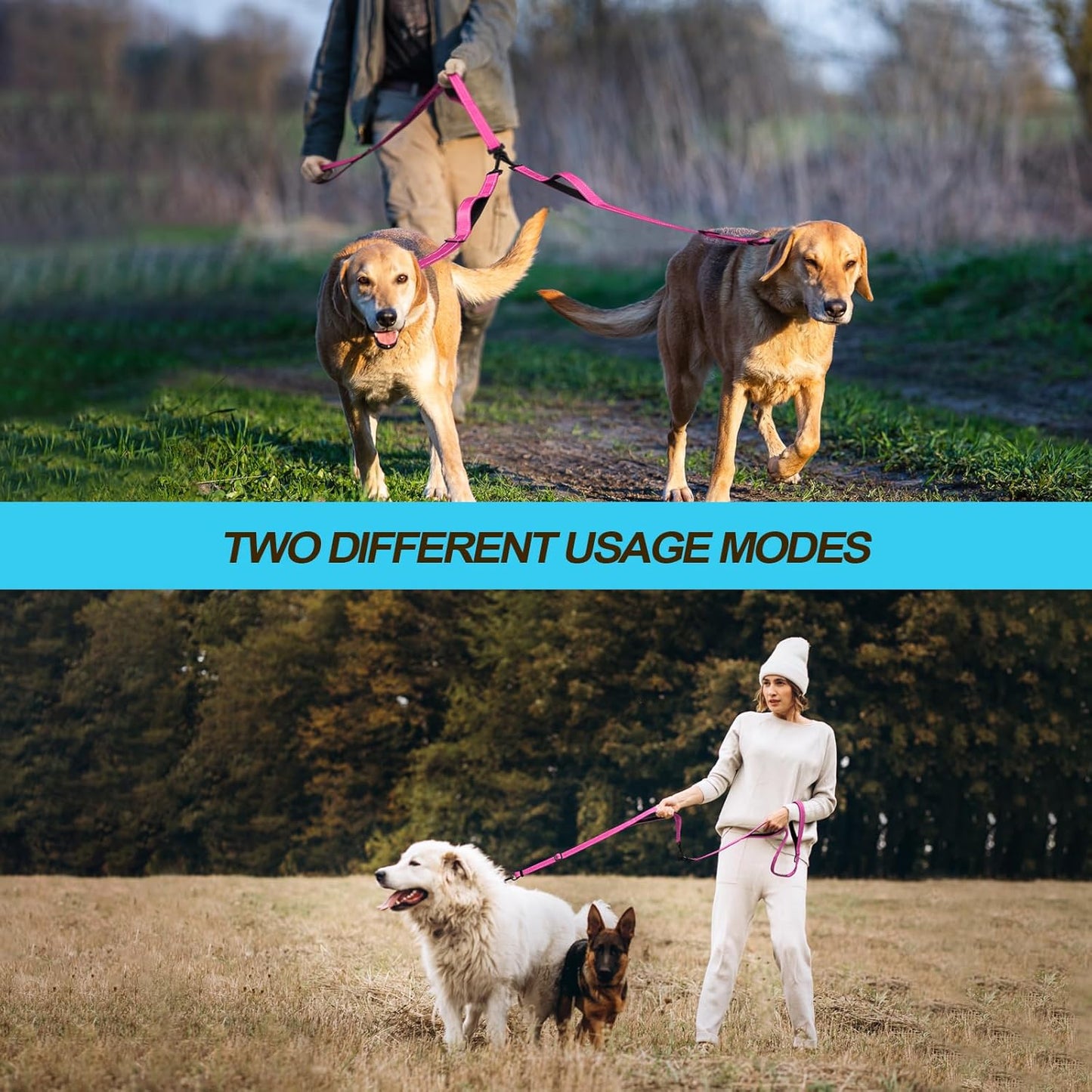 PetBonus Double Dog Leash, No Tangle Dual Leash, Reflective Walking Training Lead, 4 Comfortable Padded Handles for 2 Dogs with Collapsible Bowl and Waste Bags (Pink, Large)