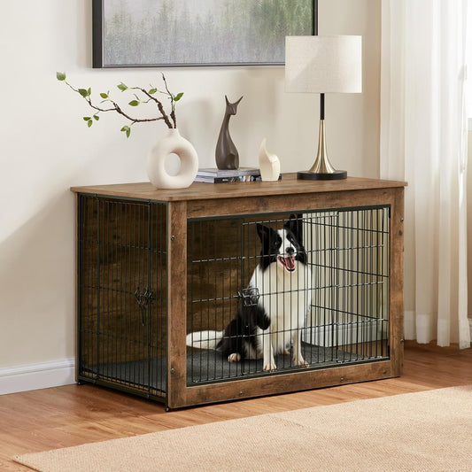 Dog Kennel Furniture, Wooden Dog Crate End Table, Heavy Duty Dog Crate, Decorative Pet Crate Dog Cage for Large Indoor Use (Rustic Brown) 39" L×26" W×27" H