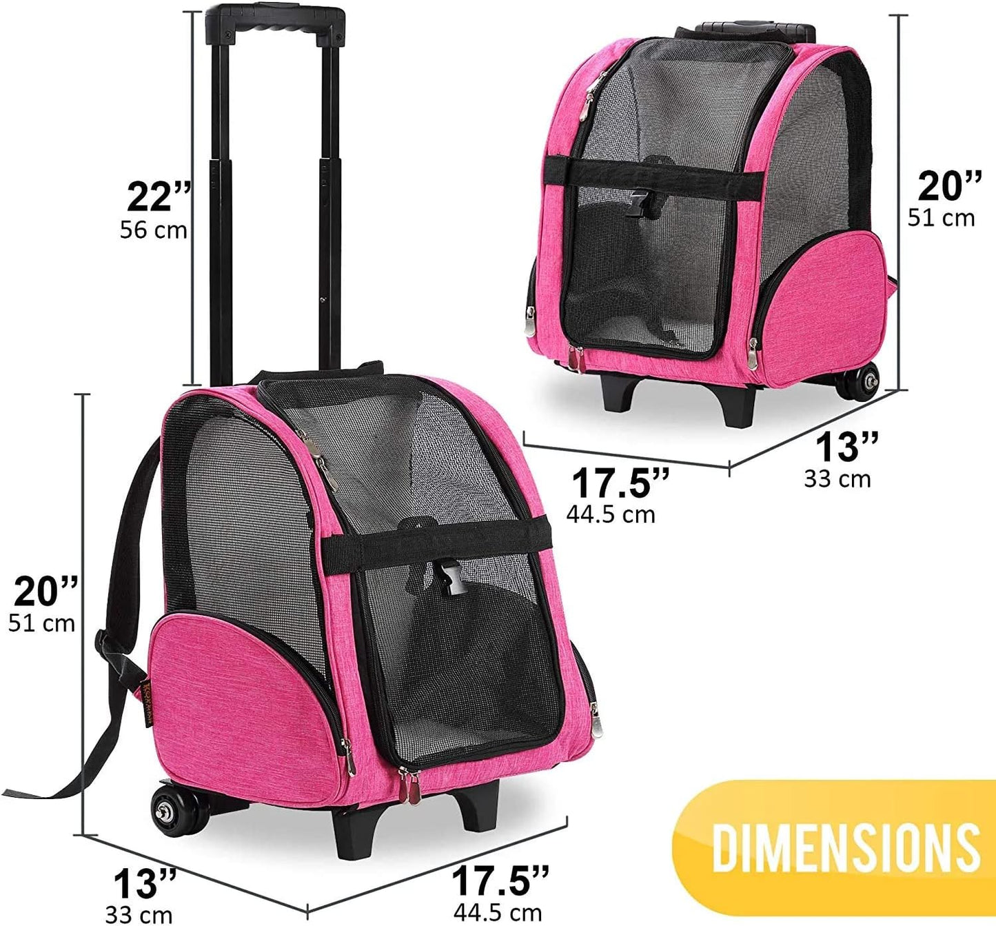 KOPEKS Deluxe Backpack Pet Travel Carrier with Double Wheels for Pets up to 18 Pounds - Pink