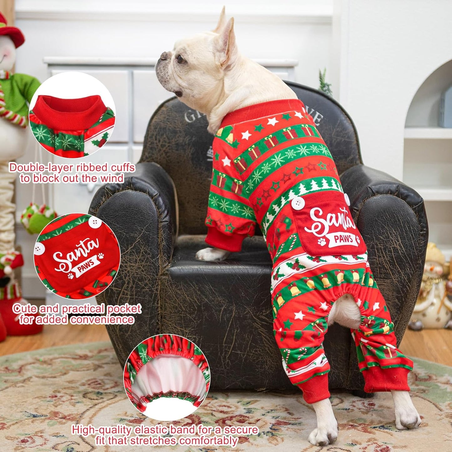 BEA Christmas Dog Pajamas for Large Dogs, Soft Fleece Pet Sweater Clothes Warm Puppy Onesie Outfits for Doggie Winter Christmas - Collar Adjustable Dog Pjs Jammies, Red L