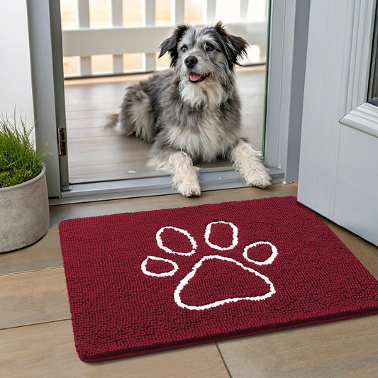 Smiry Dog Door Mat for Muddy Paws, Absorbent Dirt Trapper Non Slip Quick Dry Washable Chenille Mat for Mud Dogs, Entry Rug for Indoor and Outdoor (24x16 Inches, Burgundy)