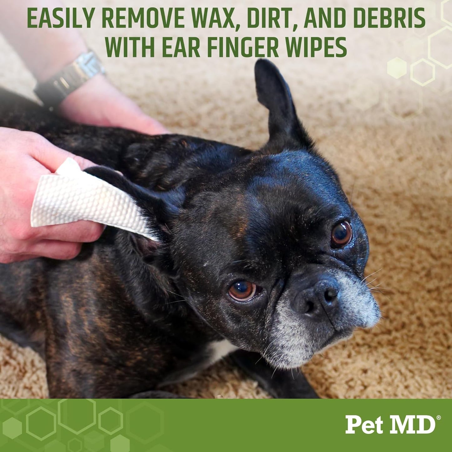 Pet MD Ear Finger Wipes for Dogs - Extra-Coverage and Large Design - with Eucalyptus and Aloe Vera for Dogs - Pet Ear Cleaning Finger Wipes & Puppy Ear Cleaner - 50ct