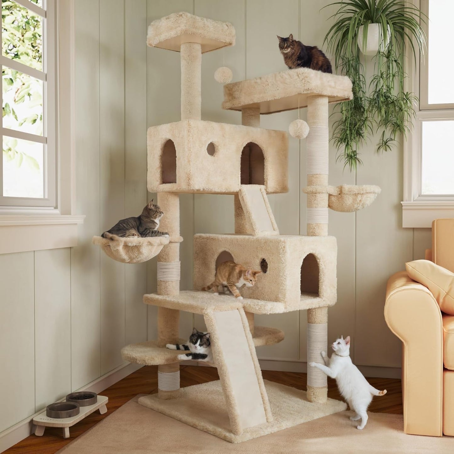 MUTICOR 66 Inches Multi-Level Large Cat Tree Tower for Indoor Big Feline/Cozy Plush Perches/Condo/Sisal Scratching Posts/Hammock and Baskets/Activity Center Play House/Wide Base/Beige