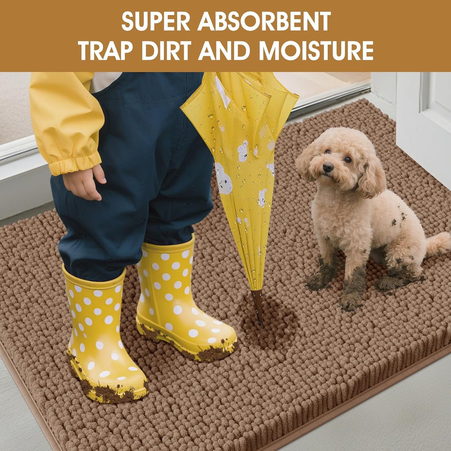 4 Pieces Muddy Door Mats for Dogs, Chenille Absorbent Pet Mats, Quick Dry, Trap Dirt Non Slip Heavy Indoor Doormat Soft Dog Bed Mat Front Inside Door Mat for Indoor Outdoor Entrance,Camel