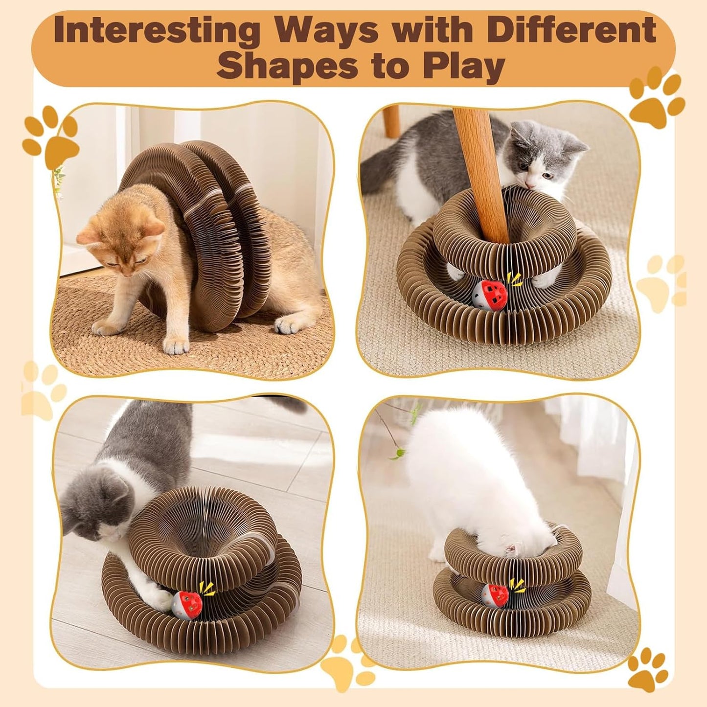 Magic Organ Cat Scratcher Board with 3 Balls, Foldable Recyclable Accordion Cats Toy with Ball and Track Adventure, Cat Scratching Pad, Retractable Reversible Furniture Protector(Brown)