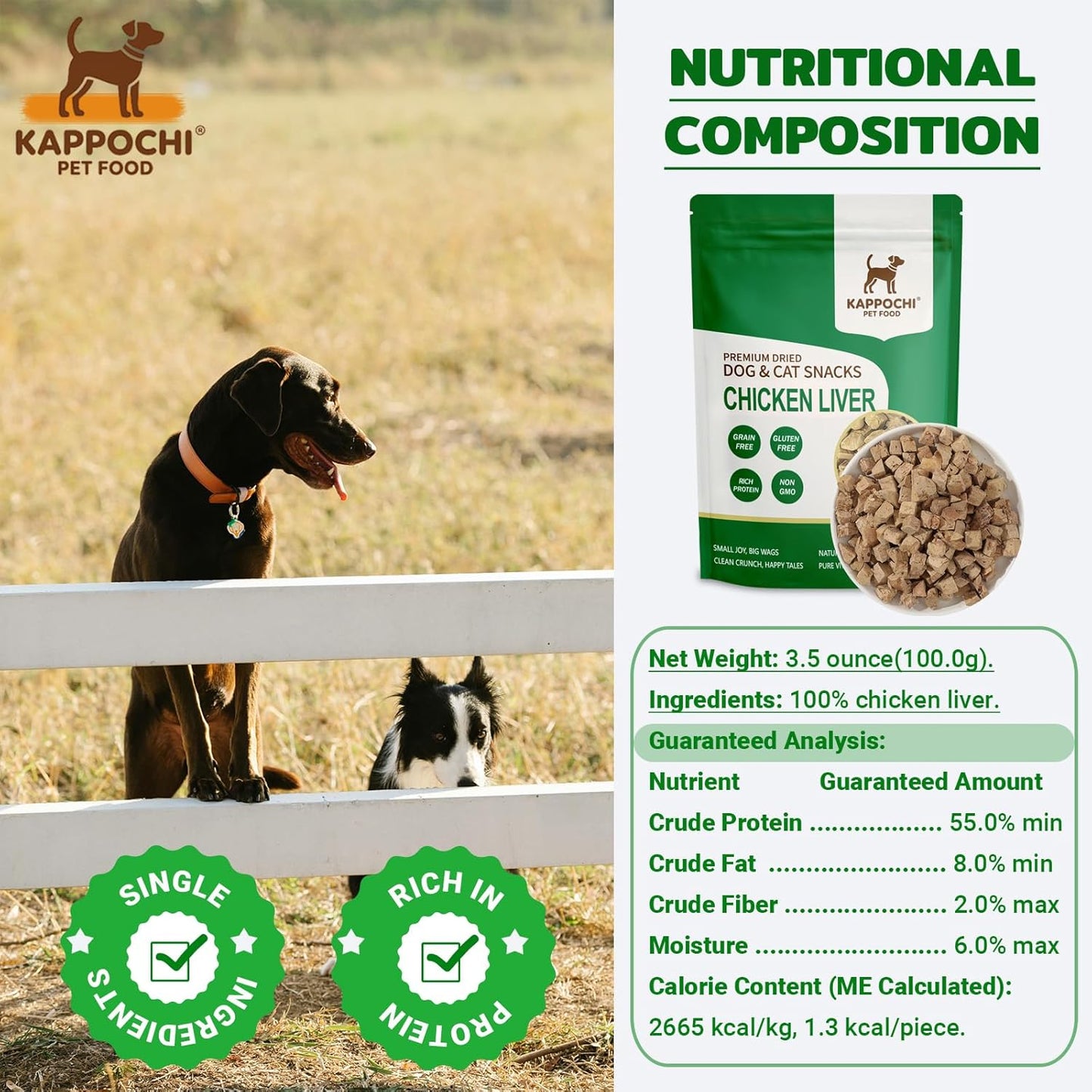 Freeze-Dried Chicken Liver Dog Treats, 3.5oz(100.0g), Single Ingredient, High Protein Training Treats, Natural & Raw, No Additives, Grain Free, Gluten Free