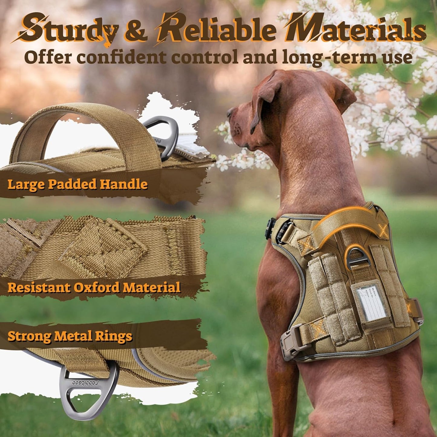 rabbitgoo Dog Harness for Large Dogs No Pull, Tactical Service Pet Vest with Molle and Control Handle, Adjustable and Reflective Military Harness for Easy Walking and Training, Brown, L
