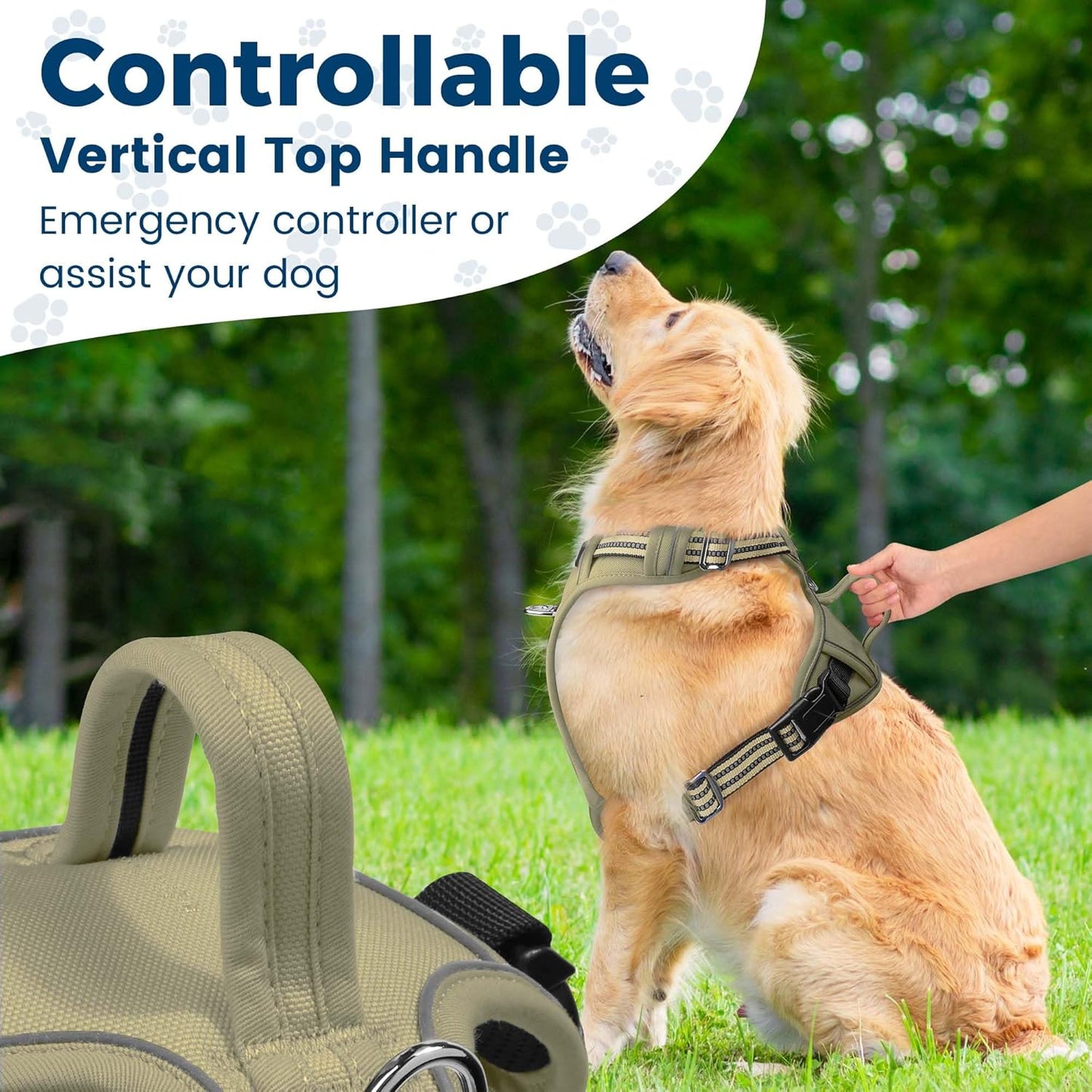 Funfox Dog Harness No Pull, Adjustable Pet Vest Harness, Super Soft Material with Vertical Handle Easy Control, Reflective Night Walking, 2 Leash Clips for Large Dogs, Army Green, L