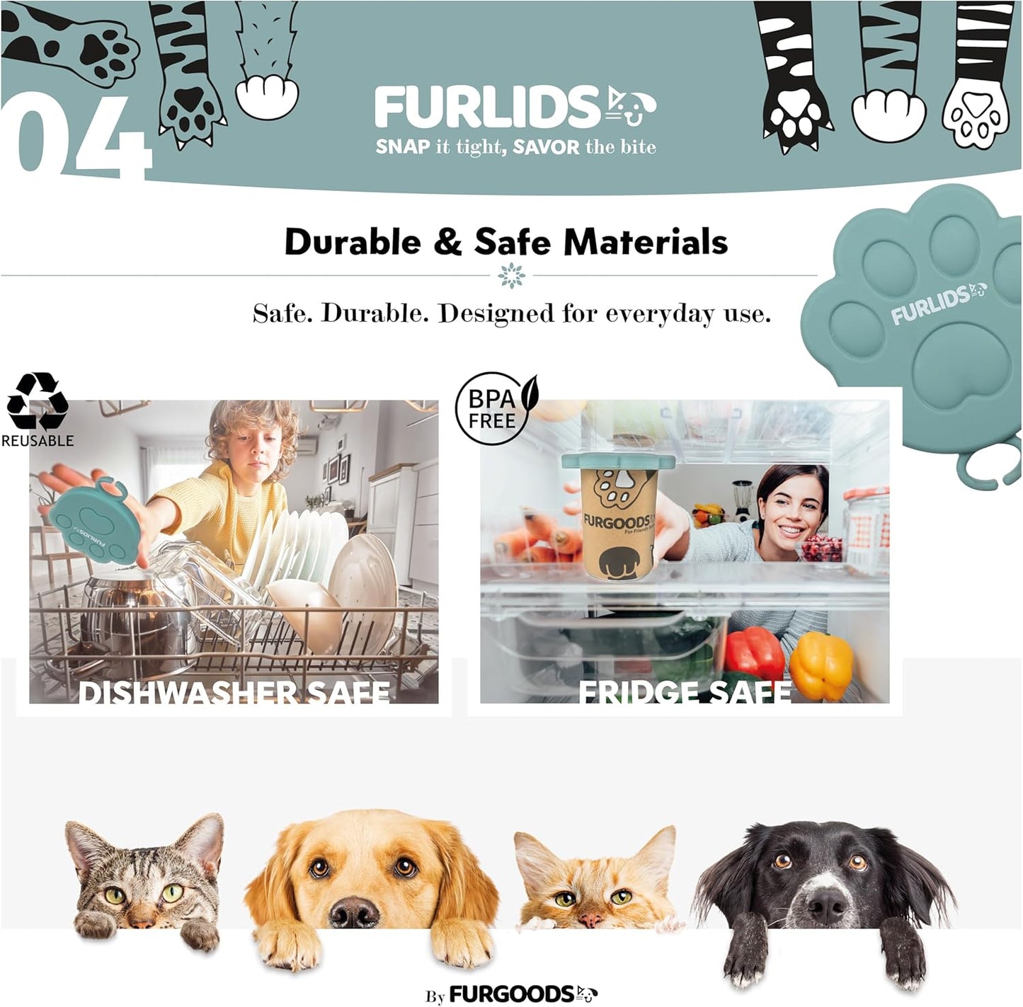 FurLids Silicone Pet Food Can Cover Lids Spatula for Dog & Cat Fresh Wet Food | Fits 3, 5.5, 12 oz | Airtight Snap Seal, Reusable, Dishwasher & Fridge Safe (Multicolor lids and grey spatula)