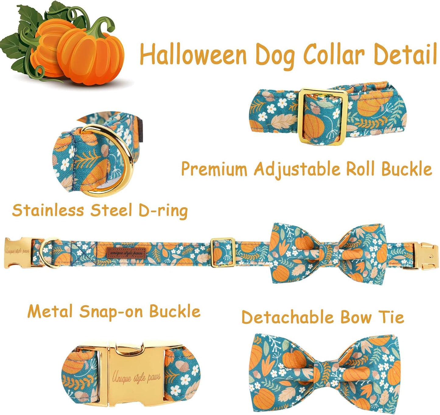 Unique style paws Halloween Dog Collar with Bow Tie Pumpkin Cotton Collar Adjustable Puppy Collar for Small Medium Large Dogs-S