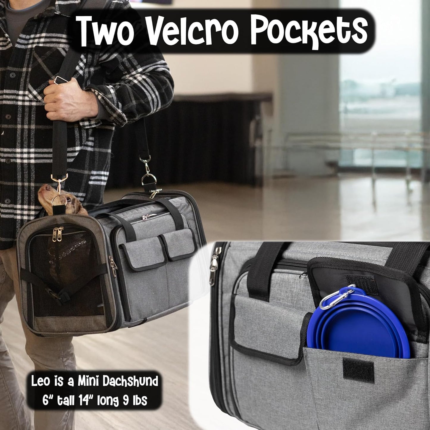 Pet Carrier with Wheels | United Delta American Frontier Airline Approved | Two Expandable Sides, Storage Pockets Adjustable Leash | Rolling Dog and Cat Carrier TSA Compliant (Grey)