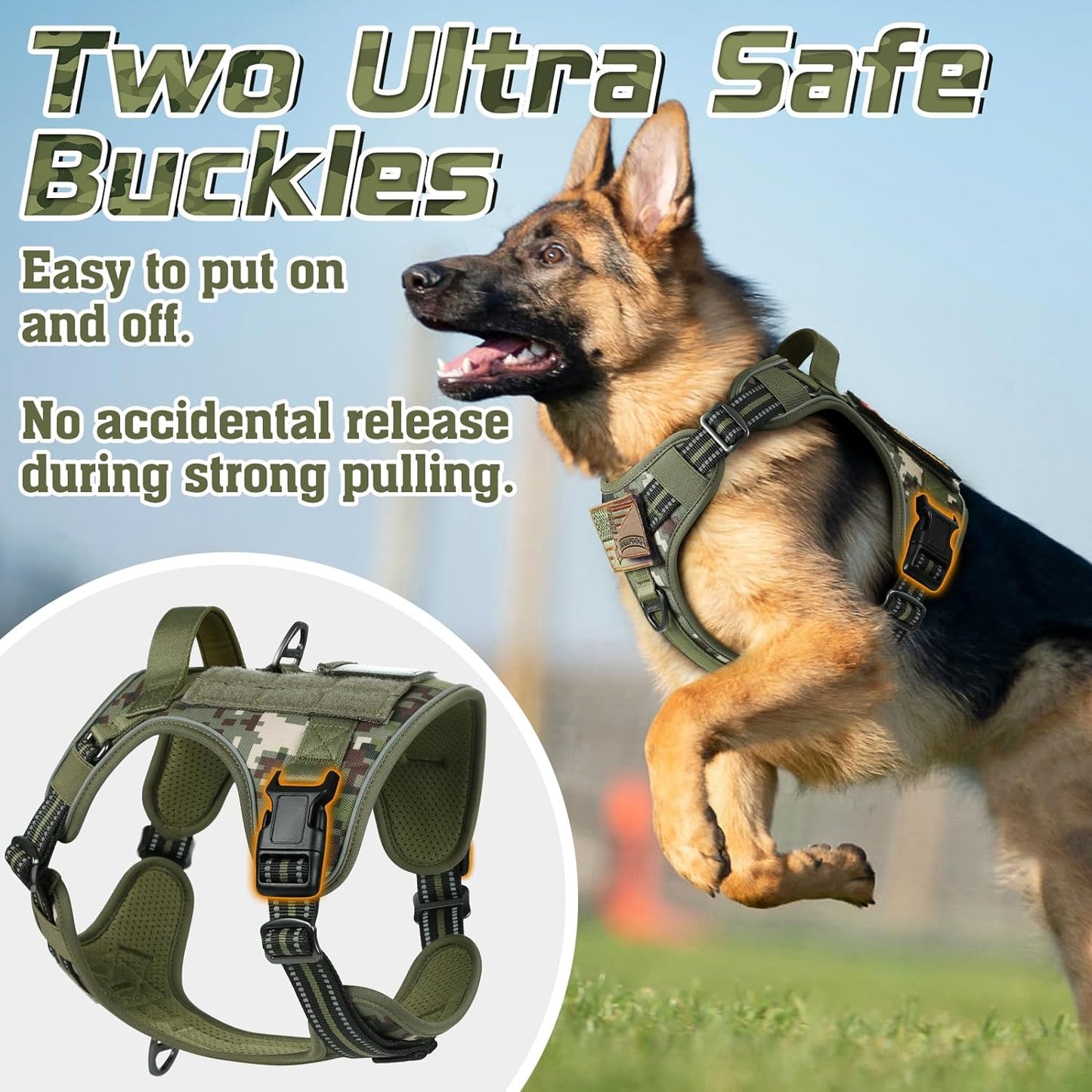 rabbitgoo Tactical Dog Harness for Large Dogs, No Pull Military Service Vest with Handle & Molle, Easy Control for Training Walking, Adjustable Reflective Straps, Green camo, L