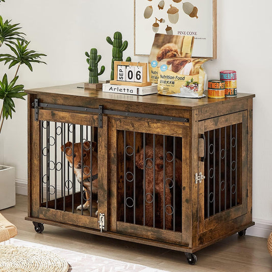 IchbinGo Dog Crate Furniture with Sliding Barn Door, 39" Wooden Dog Kennel End Table with Wheels and Flip-top Plate Dog House with Detachable Divider for Small/Medium/Large Dog (Rustic Brown)