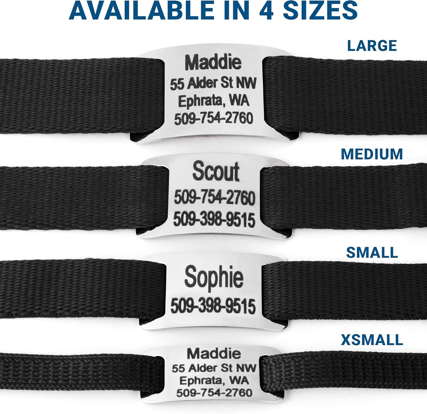 GoTags Personalized Dog Collar with Nameplate, Adjustable Dog Collar with Custom Engraved Slide On Pet ID Tag in Stainless Steel, Silent, No Noise Dog Tag for Large Medium and Small (Black, Large)